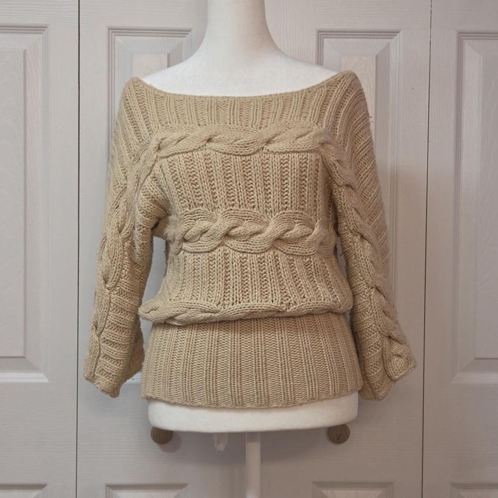 Y2K Bebe Romantic Light Academia Size XS Khaki Beige Slouchy Cable Knit Sweater